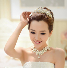 2014 Bridal Jewelry three piece Jewelry Pearl Bride Wedding Dress Accessories Crown Marriage Tire Chain Necklace