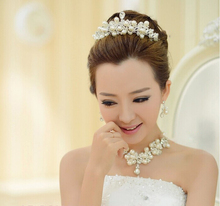 2014 Bridal Jewelry three piece Jewelry Pearl Bride Wedding Dress Accessories Crown Marriage Tire Chain Necklace