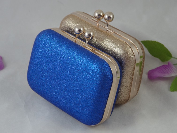Blue Shiny Fabric Clutch Exquisite Solid Cross Body Gold Available