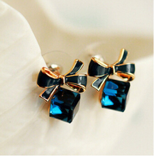 2014 New jewelry Shimmer Chic fashion Gold Bowknot Cube Crystal Earring Rose Gold Square bow Stud Earrings for Women XY-E598