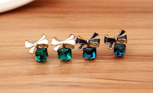 2014 New jewelry Shimmer Chic fashion Gold Bowknot Cube Crystal Earring Rose Gold Square bow Stud
