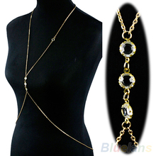 Women Body Jewelry Crystal Bikini Cross Body Link Crossover Necklace Belly Waist Slave Chain 1MN9