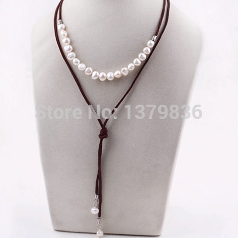Lovely Design White Freshwater Pearl and Brown Leather Pendant Necklace
