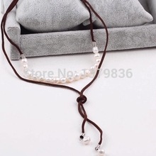 Lovely Design White Freshwater Pearl and Brown Leather Pendant Necklace