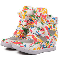 Rivet graffiti net cloth Isabel Marant Genuine Leather high boots Height Increasing Sneakers Fashion girls shoes