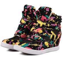 2015 Rivet graffiti net cloth Isabel Marant Genuine Leather high boots Height Increasing Sneakers Fashion girls