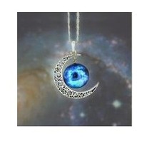 2014 New Fashion Galaxy Necklace Lovely Galaxy Cabochon Alloy Hollow Moon Pendant Silver Chain Necklace