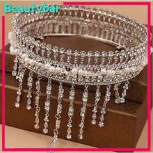 2014 Luxury European and American  Handmade Round Pearl Beads Crystal Tassel Bridal Wedding Hair Crown Marriage Hair Accessory