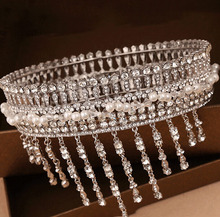 2014 Luxury European and American Handmade Round Pearl Beads Crystal Tassel Bridal Wedding Hair Crown Marriage