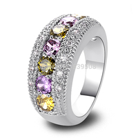Wholesale Fashion Jewelry Round Cut Peridot & Amethyst & Citrinre & Pink & White Sapphire 925 Silver Ring Size 6 7 8 9 10