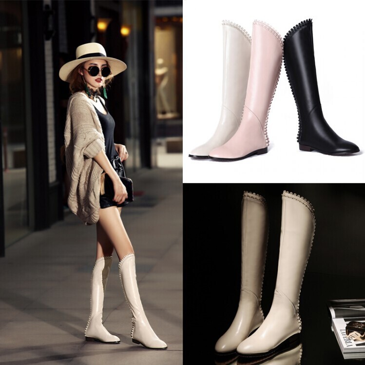 Fashion brand women genuine leather boots sexy slim long shoes for woman autumn shoes flats motorcycle