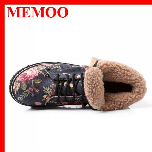MEMOO Bohemia Flower Print Lace Up Martin Boots for Women 2014 New Brand Design Flats Heel