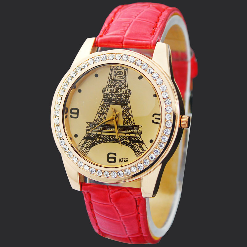 Fashion Red Eiffel Tower Lady Girls Women s Jewelry Diamond Xmas Gifts Hours Quartz Clocks Analog