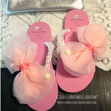 SIZE M(37-38) L(39-40 ) Cute Sweet Chiffon Big Bowknot Pearl Clip Toe Flat Cool Sandals Flip-Flops 6009