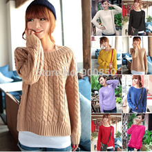 Free Shipping Fashion Vintage Women Candy Colors Knitted O Neck Wool Long Sleeves Loose Spring Autum