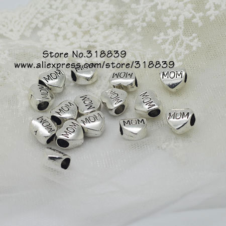  30 pieces lot 6 10 11mm Antique Silver Metal Alloy Hearts MOM Beads 5mm Big