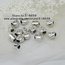 (30 pieces/lot) 6*10*11mm Antique Silver Metal Alloy Hearts MOM Beads 5mm Big Hole Beads Findings Fit Fit Pandora Bracelets 7630