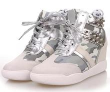 2014 New Camouflage Leather Sports Shoes Rivets Quality Brand Fashion Women Sneakers Platform Wedge Shoes Increased