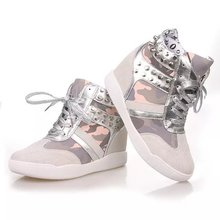 2014 New Camouflage Leather Sports Shoes Rivets Quality Brand Fashion Women Sneakers Platform Wedge Shoes Increased