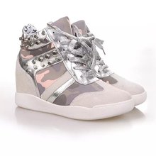 2014 New Camouflage Leather Sports Shoes Rivets Quality Brand Fashion Women Sneakers Platform Wedge Shoes Increased