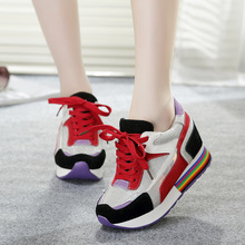 Increased Sports Shoes Casual Shoes European Genuine Leather Mixed Colors Sneakers Lace up Shoes Women Wedages