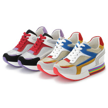 Increased Sports Shoes Casual Shoes European Genuine Leather Mixed Colors Sneakers Lace up Shoes Women Wedages