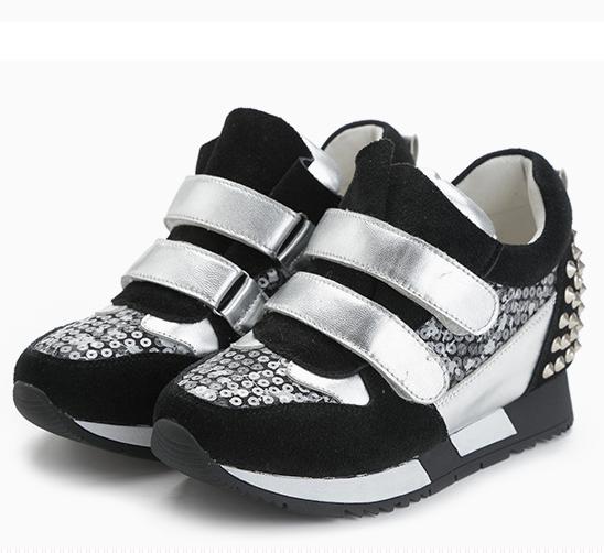 European Increased Shoes Women Leather Sequins Casual Shoes Platform Sneakers Genuine Leather Velcro Female Rivets Sneakers