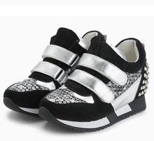 European Increased Shoes Women Leather Sequins Casual Shoes Platform Sneakers Genuine Leather Velcro Female Rivets Sneakers