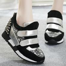 European Increased Shoes Women Leather Sequins Casual Shoes Platform Sneakers Genuine Leather Velcro Female Rivets Sneakers