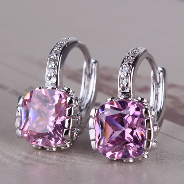 Beauty jewelry 18K white gold plated hoop earrings woman princess romantic pink topaz lady huggie earring