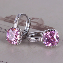Beauty jewelry 18K white gold plated hoop earrings woman princess romantic pink topaz lady huggie earring