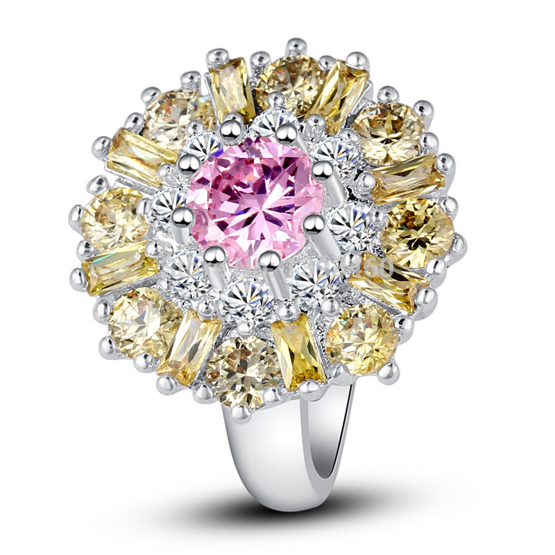  New Fashion Exalted Flower Pink Topaz Citrine 925 Silver Ring Size 7 8 9 10