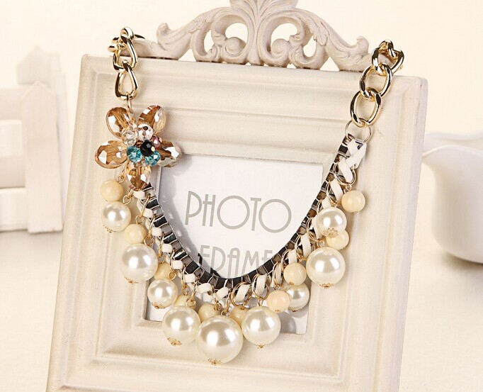 Crystal flower bib pearl chunky chain necklace new 2014 korean fashion luxury jewerly women jewelery neckless