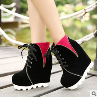 2014 New Women Ankle Boots wedges Heels Platform lace up with zipper ornament fashion mixed color