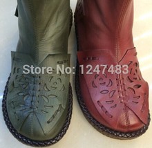 Classic short Jackboots Genuine Calf Leather handmade National Flavor Flat Style Shoes Bohemian fashion Casual Flast Footwear