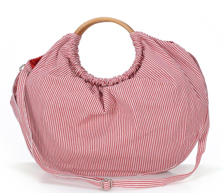 Wooden Ring Handle Striped Pattern Cotton Canvas Tote Bag Hand Bag ...