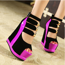 Ladies Sexy High Wedge Heels Platform Sandals Open Toe Women Pumps Female Shoes With Back Zip Multi Color Buckle Strap