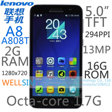 Original Lenovo A8 S808T Multi language Mobile phone 5.0″TFT 1280×720 MT6592 Octacore1.7G 2GRAM 16GROM  Android 4.4 13MP