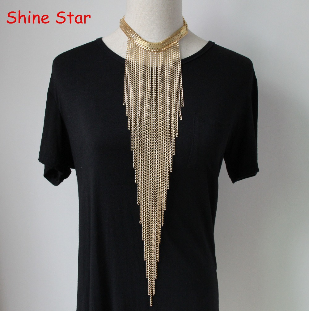 Fashion Statement Gold Plated Long Tassel Chunky curb collar layered Body Fine Chain Choker Necklace Women