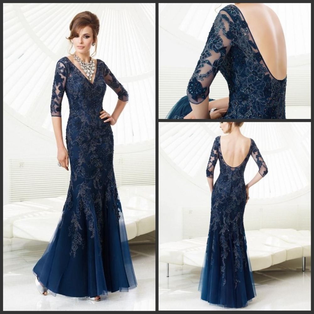 Elegant Mother of the Bride Dresses 2015 Beaded Appliques Half Sleeves