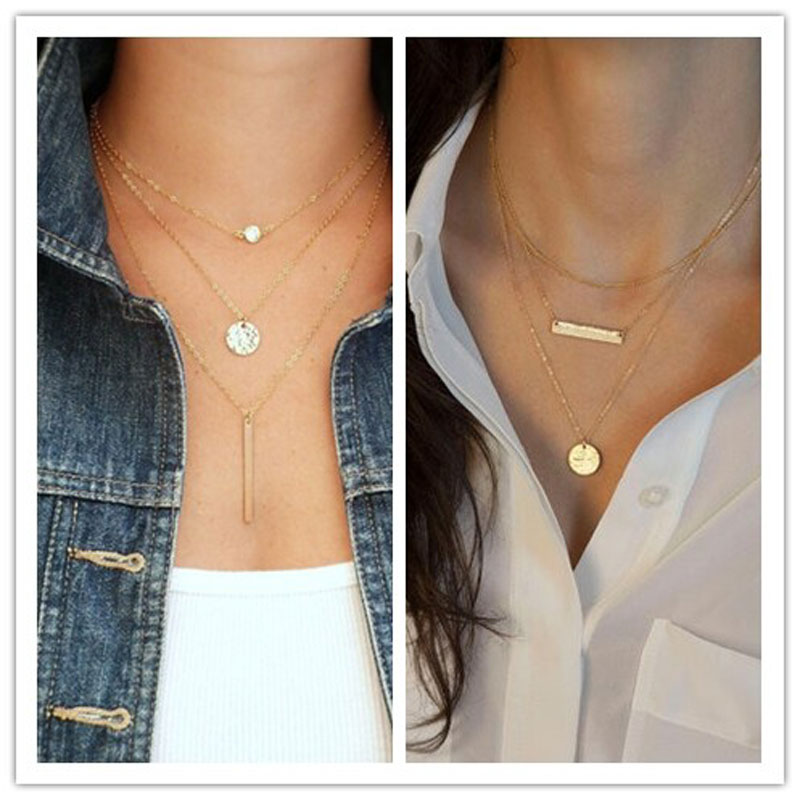 2 Pcs Celebrity Fashion 3 Layer Geometry Charms Pendant Chain Necklace Luck Jewellery