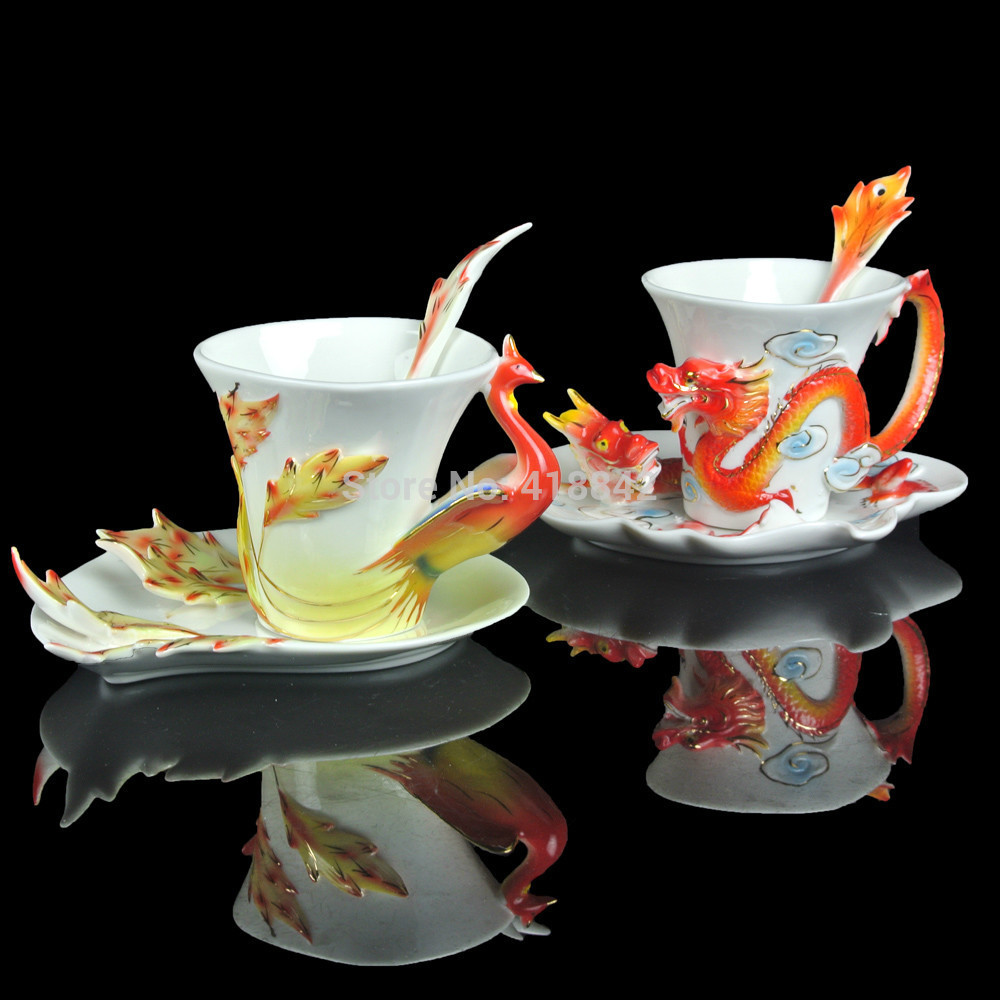 Noble Porcelain Red Dragon And Red Phoenix Tea Coffee Set 2Cups 2Saucer 2Spoon Christmas Gift