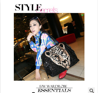 2014 personality full sequined tiger head fashion large capacity bag handbag shoulder bag diagonal package