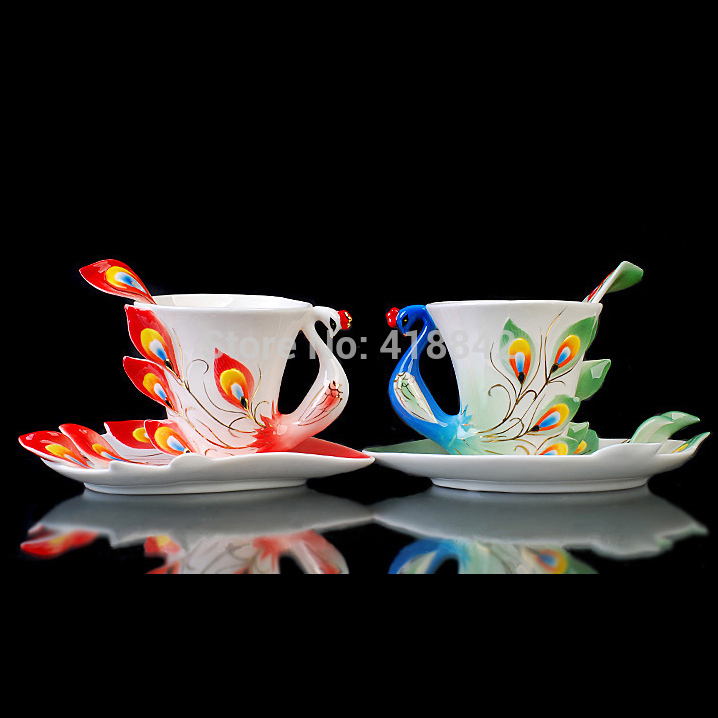 Elegant Porcelain Red peacock And green peacocks Tea Coffee Set 2Cups 2Saucer 2Spoon Christmas Gift