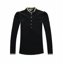 2014 autumn and winter female models solid color cotton plaid long sleeved T shirt collar breathable