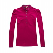 2014 autumn and winter female models solid color cotton plaid long sleeved T shirt collar breathable