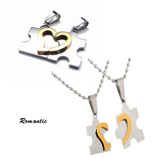 2Pcs Fashion Romantic Stainless Steel Heart Love Puzzle Jagsaw Pendant Necklace Lovers Beads Necklace Love Gift