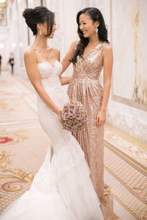  : Buy Sparkly Gold Bridesmaid Dresses A line V neck Long Sequins ...