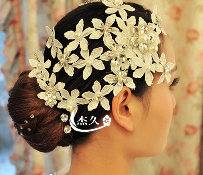 Luxury Handmade Wedding Hair Accessory Lace Flower with Pearl and Rhinestone Decoration Wedding Headpieces Marriage Jewelry
