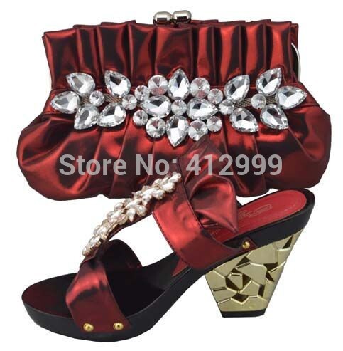 Free shipping 2014 Italian style ladies high heels shoes and matching bag with rhinestone for party